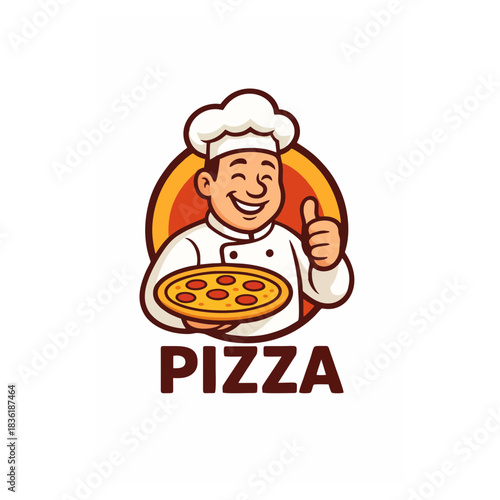 Smiling Chef Holding a Delicious Pizza, Giving a Thumbs Up, Representing Pizzeria or Italian Restaurant Logo