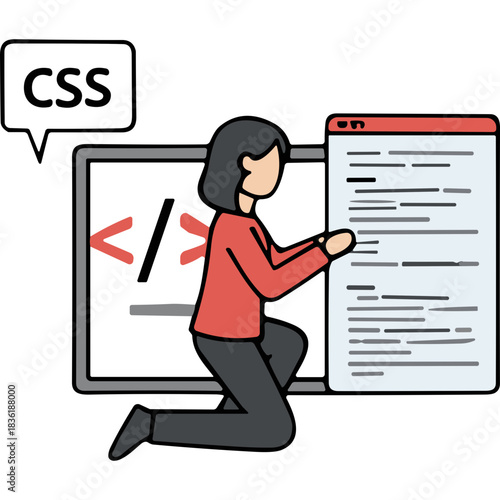Woman Working On Computer With CSS Code And Programming Language Symbols On Screen In A Modern Office Environment Representing Web Development And Software Engineering