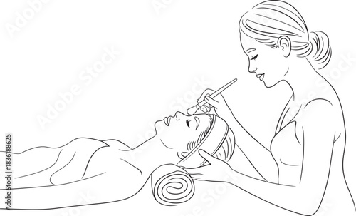 line drawing of a beauty professional performing an aesthetic or cosmetic treatment on a client, such as an eyelash extension, facial, or permanent makeup procedure, in a serene spa or salo