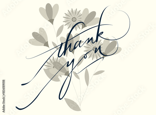 Elegant thank you script with stylized gray floral bouquet on a light cream background, expressing gratitude and appreciation
