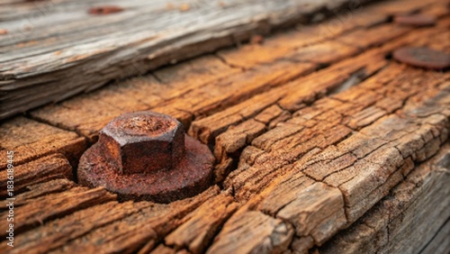 Close up of weathered wood planks with rusty bolt and nails on surface