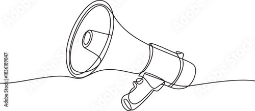 Continuous line drawing of a megaphone or handheld bullhorn for announcements.