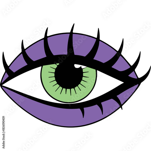 Stylized Eye with Purple Eyelids and Light Green Iris Against a Black Background Simple Graphic Illustration