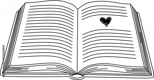 Open journal book hand drawn with love heart sketch outline