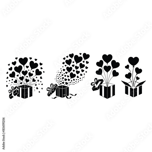 Balloon Bouquet of Mini Hearts Escaping From an Open Gift Box.