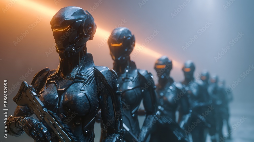 Fototapeta premium Robotic figures in futuristic attire indoor setting
