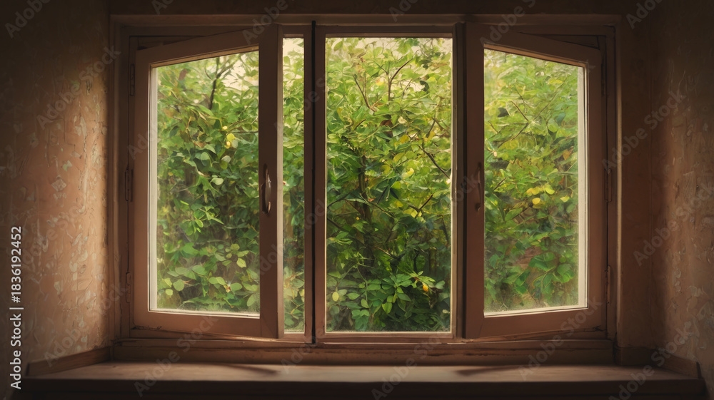 Fototapeta premium Cozy window view with lush greenery and natural light illuminating space