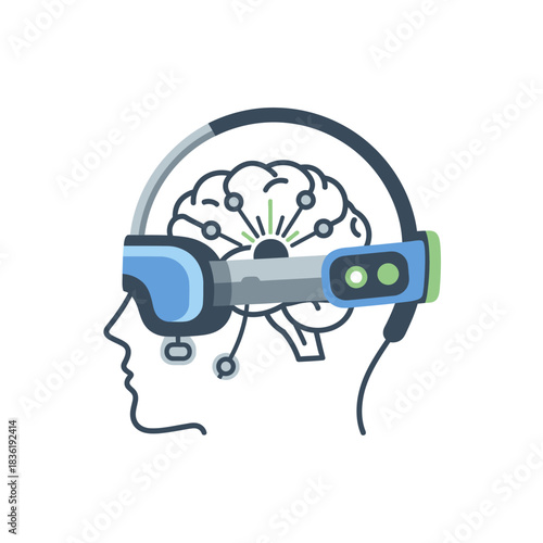 Immersive virtual reality headset connects directly to the human brain for advanced learning and cognitive enhancement in futuristic technology concepts