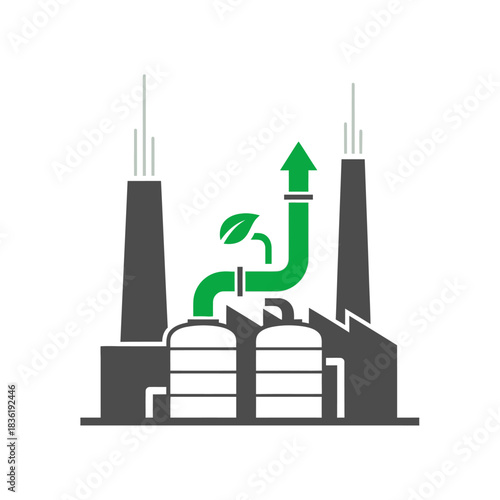 Eco friendly industrial factory with green energy pipe and leaf symbol showcasing sustainable production and environmental responsibility in modern industry