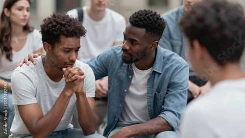 Young diverse friends providing support and comfort during difficult times in an outdoor setting with natural lighting and emotional expressions