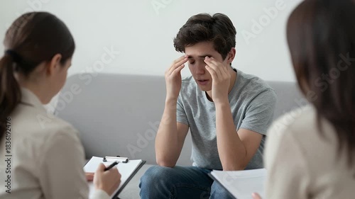 Young man experiencing stress during therapy session with counselor discussing mental health and emotional well-being challenges