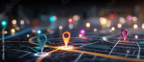 Map with location markers and city lights