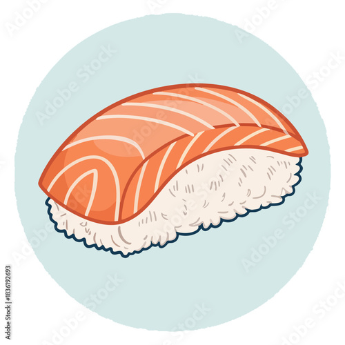 Vibrant vector illustration of a single fresh salmon nigiri sushi, a beloved Japanese delicacy. Perfect for food menus, healthy eating campaigns, and Asian cuisine promotions