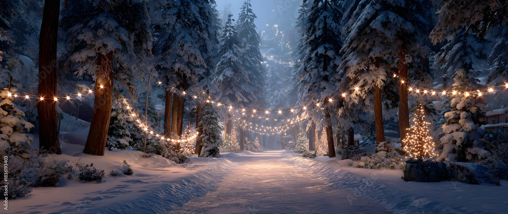 Fototapeta premium Christmas background banner with a winter alley among snow-covered fir trees with christmas lights in soft garland light
