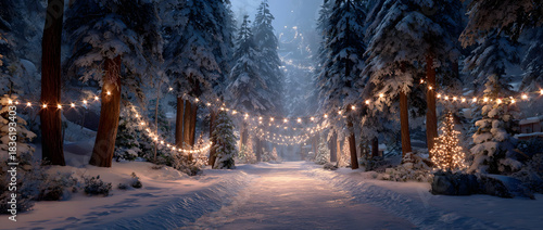 Christmas background banner with a winter alley among snow-covered fir trees with christmas lights in soft garland light