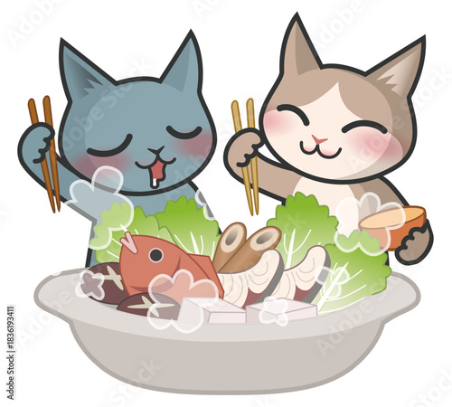 海鮮のお鍋を食べている2匹の猫のキャラクター