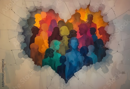 Vibrant watercolor silhouettes in heart-shaped burst symbolizing unity, diversity, human connection, inclusion. Hand-painted artistic abstract. International human rights day, peace day