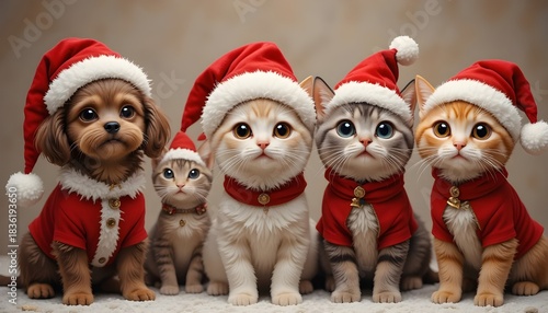 Adorable Christmas pets in cozy festive Santa outfits. Holiday portrait of cute kittens and puppy. Symbolizing joy, unity, holiday spirit. For Christmas cards, winter campaigns, seasonal celebrations 