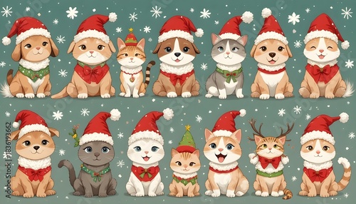 Seamless Christmas pet pattern of cute cats and dogs in festive costumes. Hand-drawn holiday illustration symbolizing joy, unity, world animal day celebrations. For wrapping papers, packages