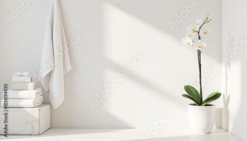 White towel hanging on wall next to stacked towels and orchid plant. Bathroom interior design background with natural lighting.