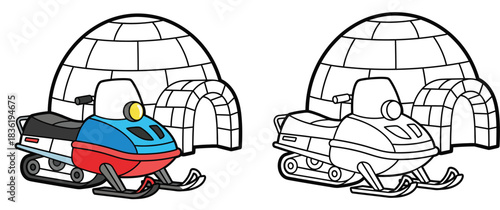 Cartoon snowmobile parked near an igloo Vector illustration for coloring book Arctic winter scene with snow scooter and ice house Black and white outline included.