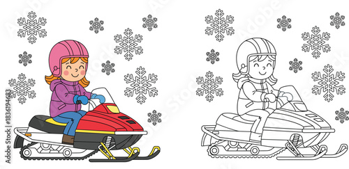 Cute girl riding a snowmobile with snowflakes Vector cartoon illustration for coloring book  Happy child driver on snow scooter wearing helmet Black and white outline included