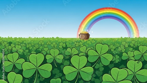 Vibrant Clover Field with Rainbow and Pot of Gold.