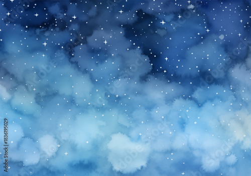 Celestial Night Sky Watercolor Background Vector Design. Serene beauty of cold winter night. Deep blue sky with twinkling stars, mesmerizing celestial backdrop. Soft fluffy clouds drift peacefully