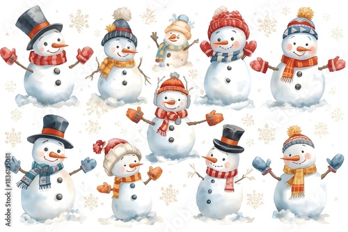 Festive watercolor snowman pattern. Seamless hand-drawn winter characters, whimsical holiday joy artwork, vibrant Christmas illustration for seasonal cards, crafts, international winter celebrations