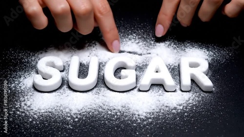 Closeup Of Hands Arranging White Sugar Letters On A Dark Surface With Scattered Sugar Crystals Demonstrating Sweetness And Temptation