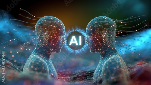 Two connected digital human heads face each other above a network symbolizing advanced AI