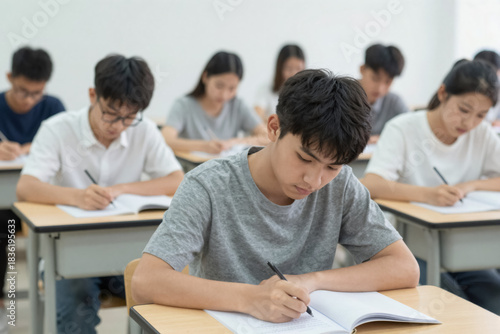 Focused Asian male student writing an exam in a classroom. Group of young people studying at desks in school. Education and academic success concept