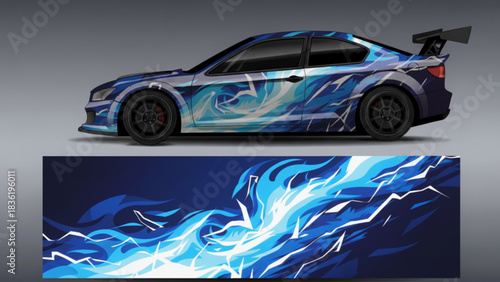 Black car with vibrant futuristic geometric decal design on its side, showcasing a dynamic abstract pattern in orange, red, purple, and blue.