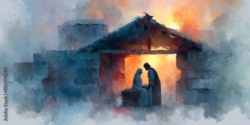 Watercolor painting representing Nativity scene in Bethlehem. Christmas scene illustration showing holy family baby Jesus in the manger Joseph and Mary. Banner. Copy space