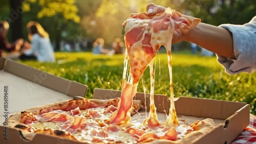 A close-up shot captures a hand reaching into a cardboard box to pull a hot, delicious slice of pizza. The rich, melted cheese stretches enticingly as the slice is lifted, adorned with savory toppings