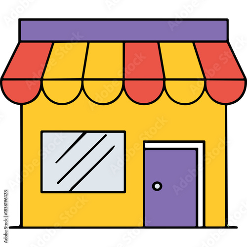 Stylized Illustration of a Small Yellow Storefront with a Purple Door and Striped Awning Featuring a Window and Red and Yellow Tent Lighting Elements