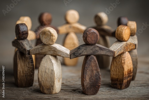a group of wooden figures holding hands in a circle praying