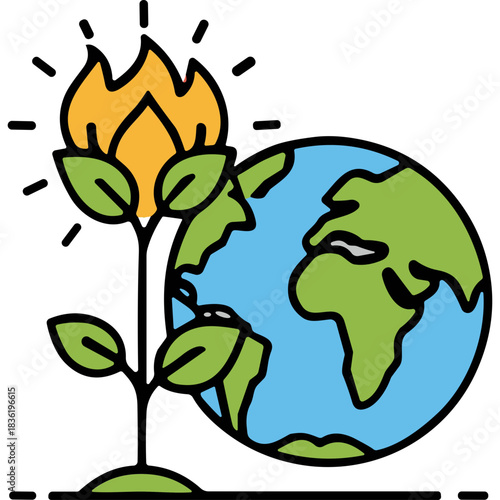 Stylized illustration of the Earth with a plant growing and burning at the top symbolizing environmental crisis and global warming on a black background
