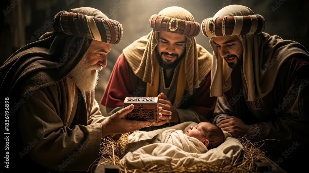 Christmas Nativity scene, three wise men offering precious gifts to the ...