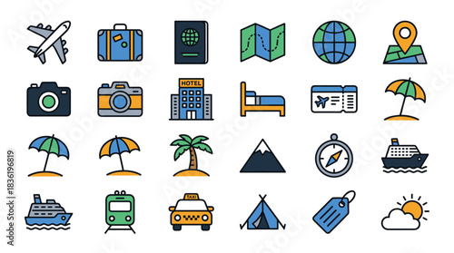 Travel and Tourism Vector Icon Sheet File – Vacation Journey Line Icons