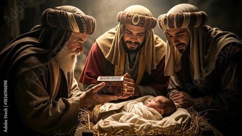 Christmas Nativity scene, three wise men offering precious gifts to the newborn baby Jesus, a sacred biblical moment in a humble stable, spiritual light.