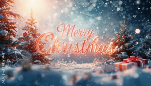 Christmas Celebration Scene With Snowy Trees and Gifts in a Festive Setting