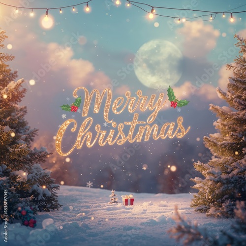 Merry Christmas Message Displayed in a Cozy Room With Holiday Decorations and...
