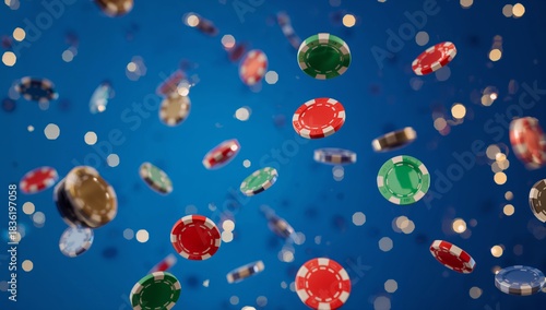Colorful Poker Chips Fall Through the Air in a Blue Background With Lights in...