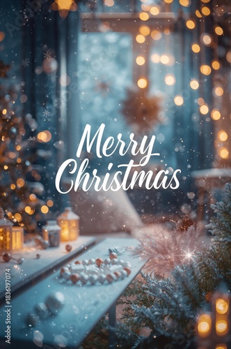 Merry Christmas Decoration With Lights and Ornaments in a Festive Setting Dur...