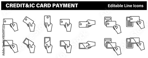 カード,クレジットカード,ICカードで決済する編集可能な線画イメージイラストアイコンセット