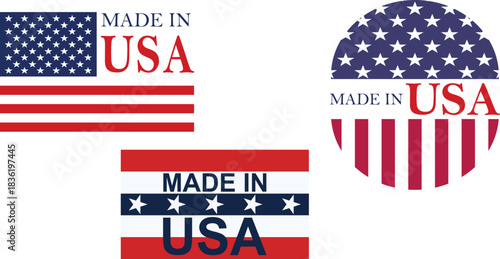 High-Quality "Made in USA" Badge, American Flag Label, and Product Origin Stamp Collection.