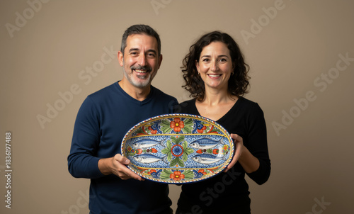 Portrait of a happy couple holding a large traditional ceramic platter. Portuguese pottery with hand-painted fish design and floral pattern