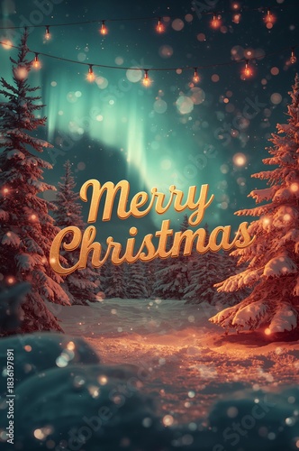 Merry Christmas Lights Shine in the Snowy Forest With Northern Lights in the ...