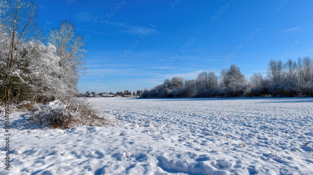 Obraz premium Winter rural wonderland landscape with golden sunlight, blue sky and beautiful snow-covered trees on a field